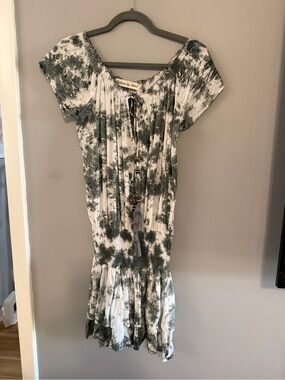Boheme by Skemo Olive Green Tie Dye Smocked Drop Waist Peasant Mini Dress Small